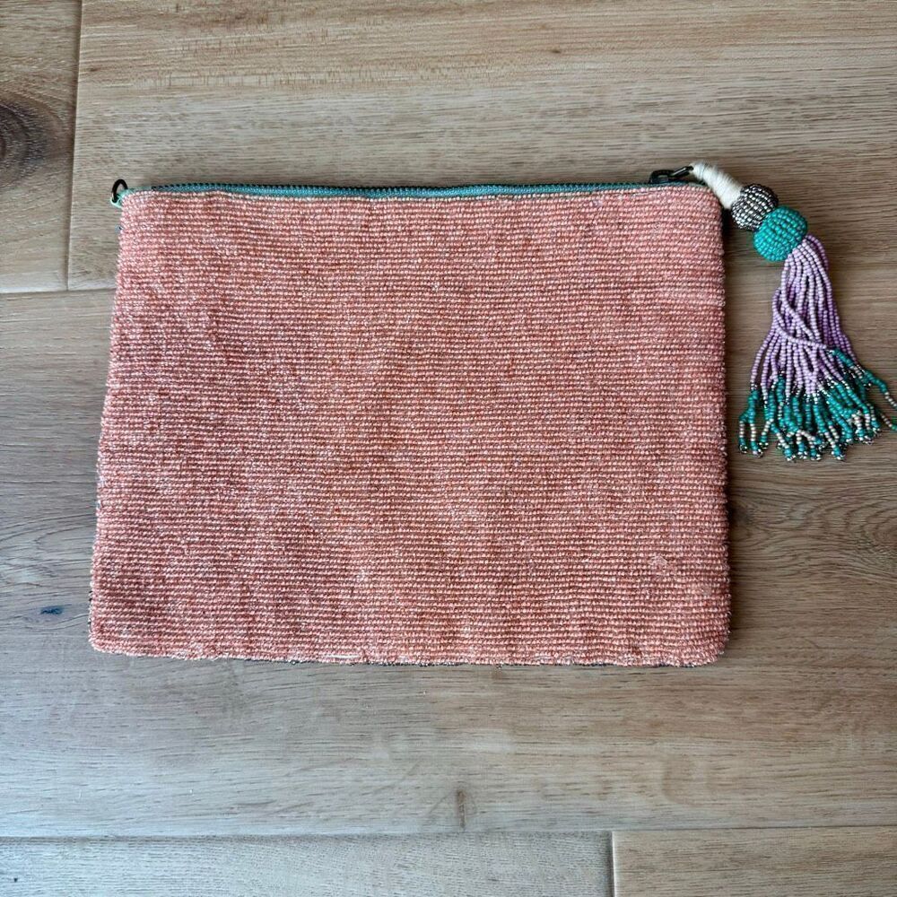 Anthropologie Aurore Beaded Multicolor Boho Eclectic Tassel Striped Clutch NWOT - Picture 6 of 7